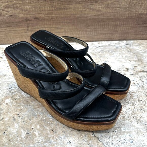 Jimmy Choo Sandals Womens Size 40 US 10 Black Leather Athenia Cork Wedge - Picture 1 of 9